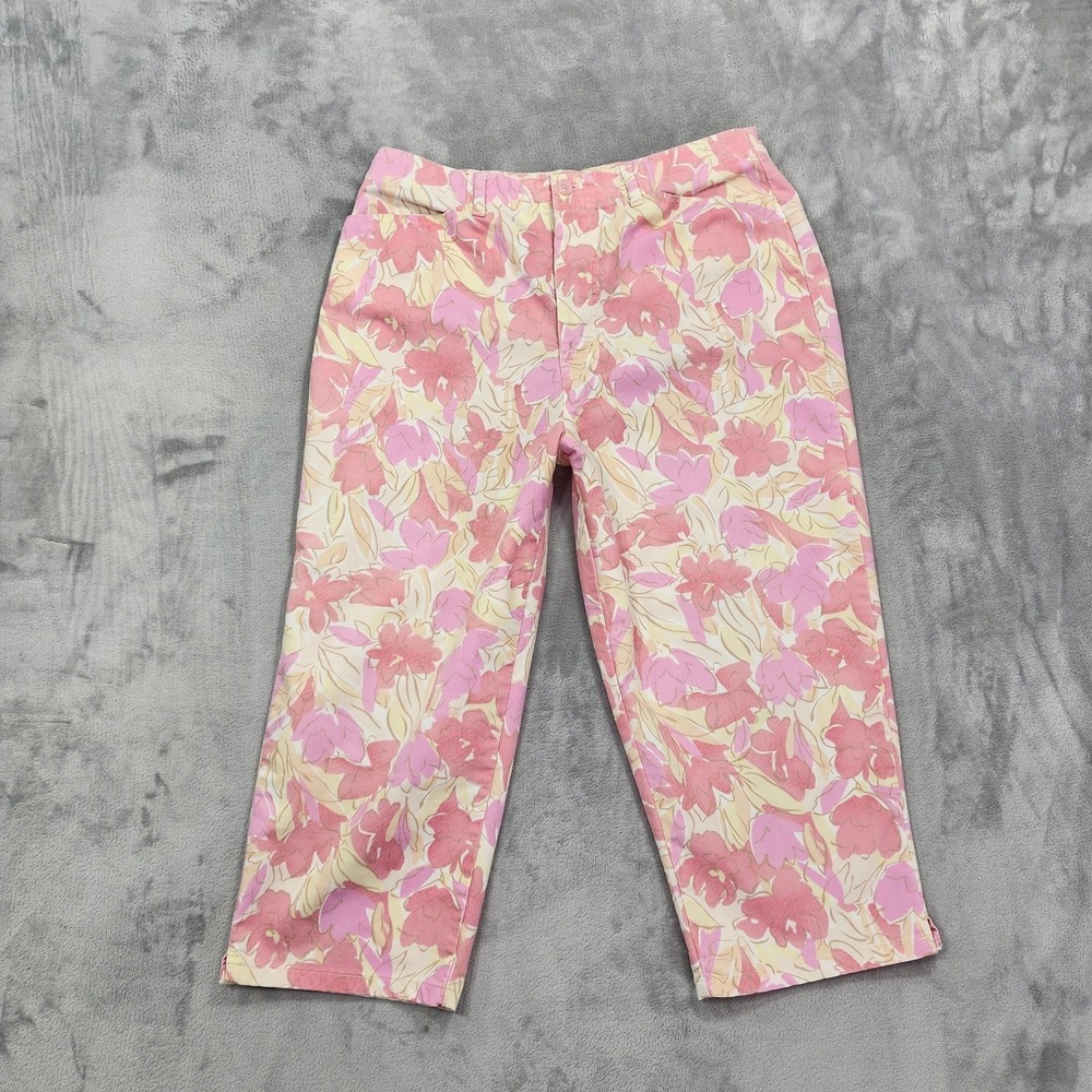 Vintage Gloria Vanderbilt Pants Womens 12 Pink Floral Twill Capri Crop Stretch - Picture 1 of 10